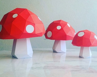 Giant Mushrooms 3D Papercraft. You get new improved SVG and PDF digital file templates and instructions for these DIY paper sculpture.