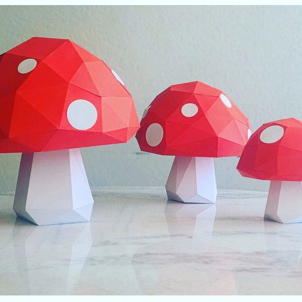 Giant Mushrooms 3D Papercraft. You get new improved SVG and PDF digital file templates and instructions for these DIY paper sculpture.