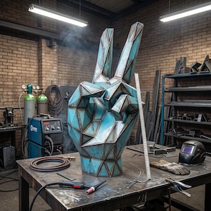 May include: A large, geometric sculpture of a hand making the peace sign. The sculpture is made of welded metal with a blue-green patina. It is displayed on a metal workbench in a workshop setting.