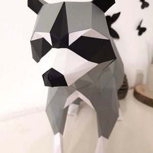 Raccoon 3d papercraft. You get SVG and PDF digital file templates and instructions for these DIY lowpoly paper sculpture.