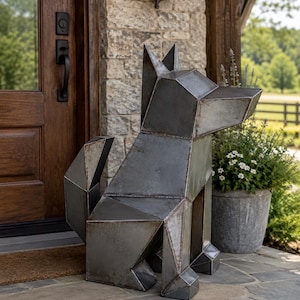 Puede incluir: Una escultura geométrica de un perro hecha de metal gris oscuro con costuras de soldadura visibles. La figura está representada en posición sentada con orejas puntiagudas, un hocico recto y una cola triangular, con un acabado industrial.