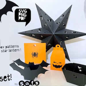 Halloween 4 Box Bundle avec bonus Star Lantern 3D papercraft. Vous obtenez des modèles et des instructions de fichiers numériques PDF SVG. Boîtes à cadeaux de fête