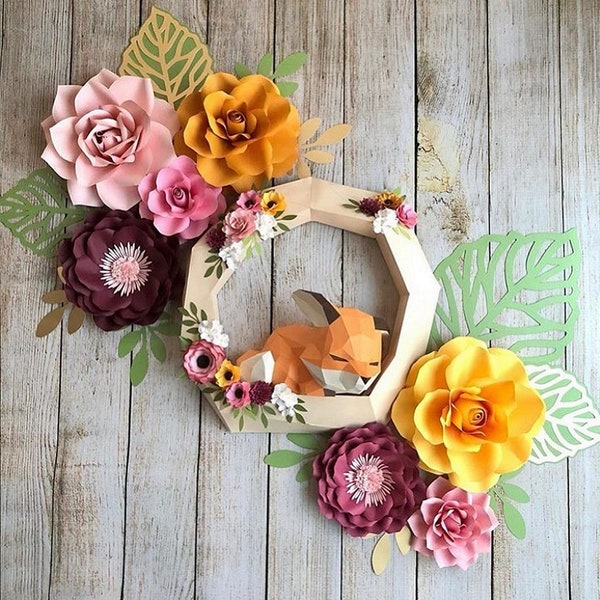 Tree Fox on Wall 3D papercraft. (Flowers not included) You get PDF & SVG digital file templates and instructions for this DIY paper model.