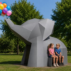 Könnte beinhalten: Eine große, graue, geometrische Elefanten-Skulptur im Low-Poly-Design. Der Elefant hält ein Bündel bunter Luftballons im Rüssel. Ein junges Mädchen in einem rosa T-Shirt und ein Junge in einem blauen T-Shirt sitzen auf einer integrierten Bank.