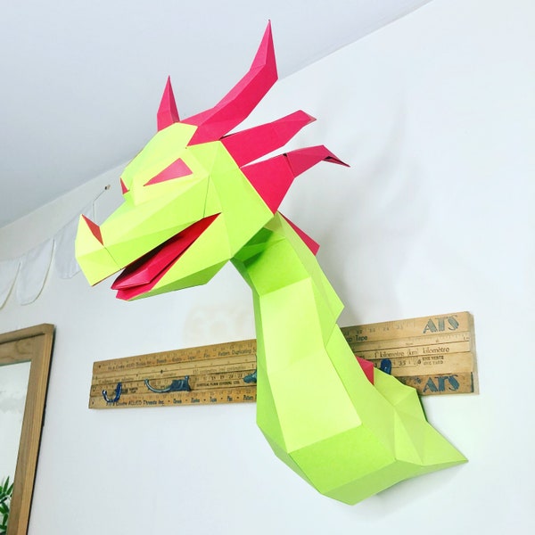dragon head and neck 3d papercraft. You get SVG PDF digital file template and instructions for this DIY (do it yourself) paper sculpture.