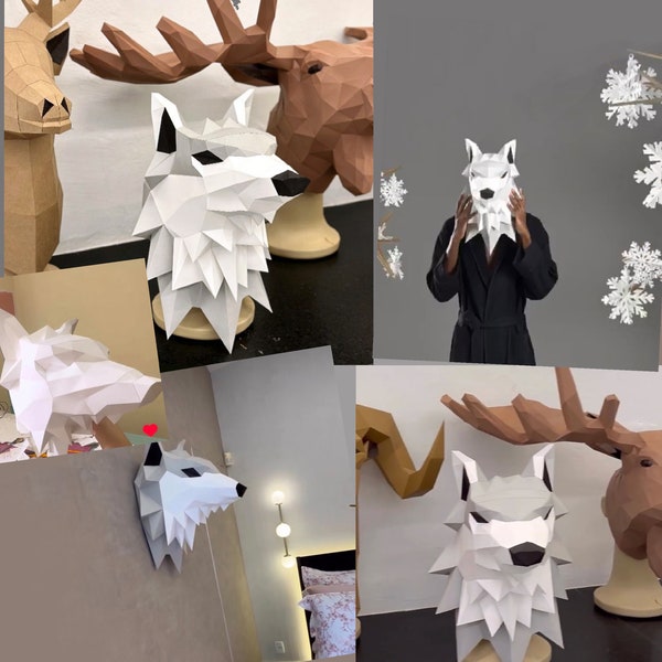 Masque de loup en papier 3D Papercraft DIY. Vous obtenez des instructions et un modèle SVG DXF et Pdf pour fabriquer ce masque vous-même