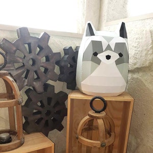 Round Raccoon 3D Papercraft. You get an SVG, DXF, PDF digital file template and instruction for this diy paper decoration.