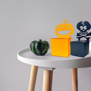Pumpkins and Skeletons, 2 Box Bundle 3D papercraft. You get PDF , SVG digital file templates and instructions. Halloween Party favor boxes