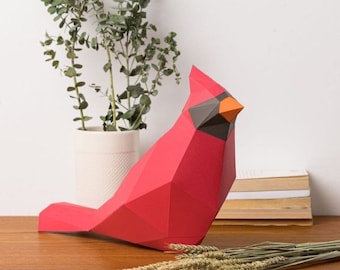 Red Cardinal bird 3d papercraft. You get SVG and PDF digital file templates and instructions for these DIY low poly paper sculpture.