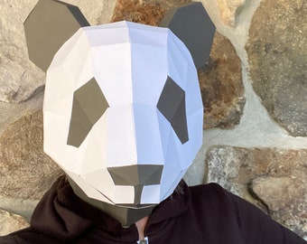 Panda mask 3d papercraft. get SVG, PDF digital file pattern and instruction for this DIY 3d papercraft low poly paper mask.