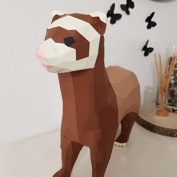 Ferret Papercraft Lowpoly Paper Animals, Get PDF digital file template and instructions for this DIY Paper Modern Paper Sculpture.