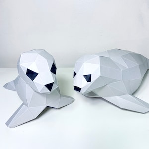 Seal 3D Papercraft, 2 models included. Lowpoly Paper, get PDF digital file template and instructions, DIY modern paper sculpture.