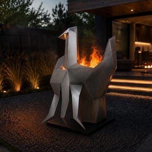 May include: A modern, geometric outdoor fireplace in the shape of a bird. The metal sculpture is silver and has a fire burning inside. The fireplace is set on a black base and is surrounded by a dark, outdoor setting.