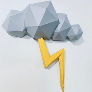 Lightning Cloud and lightning bolt 3d papercraft. You get SVG and PDF digital templates and instructions for DIY modern paper sculpture.