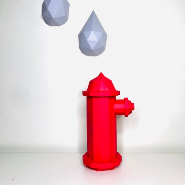 Fire hydrant 3d papercraft model. You get PDF and SVG digital file templates and instructions for these DIY modern paper sculpture.