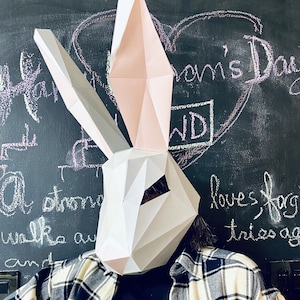 Bunny mask 3d papercraft. get SVG, PDF digital file pattern and instruction for this DIY 3d papercraft low poly paper mask.