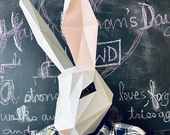 Bunny mask 3d papercraft. get SVG, PDF digital file pattern and instruction for this DIY 3d papercraft low poly paper mask.