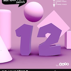 May include: A 3D papercraft design featuring the numbers 1 and 2 in purple, with a pink background. The design includes a sphere, a cylinder, and a diamond shape. The text indicates two size patterns: 10 inches or 22 inches.
