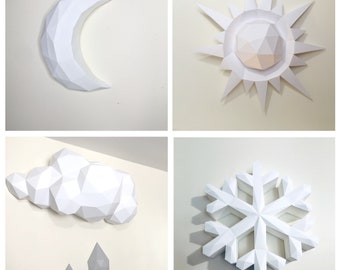 Weather Bundle 3D Papercraft. You get Cloud, Sun, Moon, Snow, PDF digital templates and instructions to DIY these paper models papercraft.