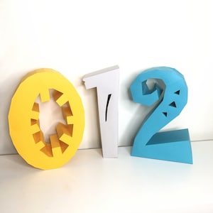 Numbers 3d papercraft numbers based on Jokerman font.  All 0-9 Party numbers pdf digital file template and instruction DIY