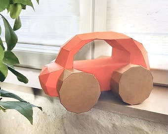 Small Car 3D Papercraft. Wooden Toy series, Lowpoly Paper, get SVG, PDF digital file template and instructions, DIY modern paper sculpture.