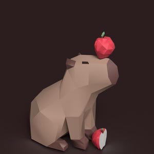 May include: A low-poly style illustration of a capybara with a red apple balanced on its head and a sliced apple on the ground. The capybara is brown and tan, set against a dark brown background.