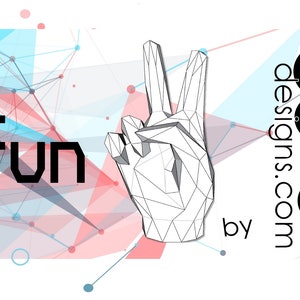 May include: A graphic design featuring a geometric hand making a peace sign. The word "fun" is in bold black letters. The background has a network of red, blue, and white lines and dots. The text "sofsdesigns.com by" is also present.