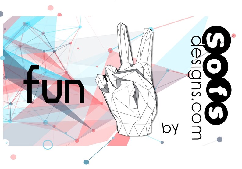 May include: A graphic design featuring a geometric hand making a peace sign. The word "fun" is in bold black letters. The background has a network of red, blue, and white lines and dots. The text "sofsdesigns.com by" is also present.