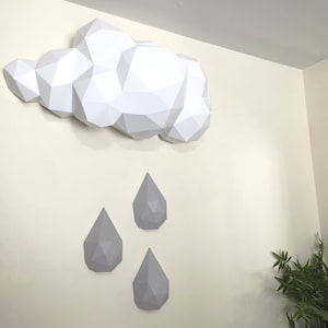 Modello 3D di carta per realizzare nuvole e pioggia. Riceverai modelli in formato PDF e istruzioni per realizzare questa moderna scultura di carta fai da te.