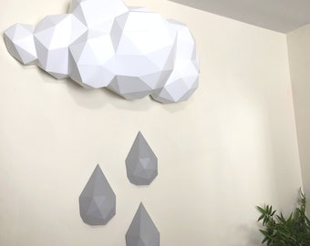 Cloud and Rain 3D Papercraft model. You get PDF digital file templates and instructions for these DIY modern paper sculpture.