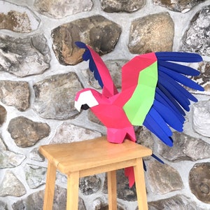 Parrot with open wings papercraft. You get SVG, PDF digital file templates & instructions for this DIY modern paper sculpture.