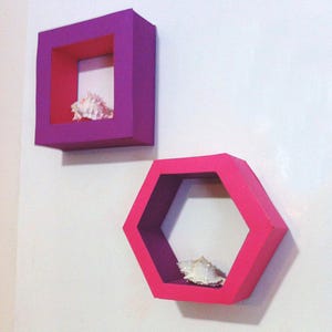 May include: Two wall-mounted shelves in a square and hexagonal shape. The square shelf is purple with a red interior, and the hexagonal shelf is pink with a purple interior. Each shelf contains a seashell.