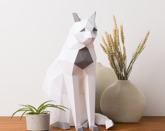 Sitting cat papercraft. You get a SVG PDF digital file templates and instructions for this DIY (do it yourself) modern paper sculpture.