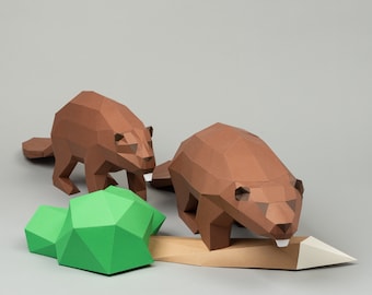 Beaver couple 3D papercraft. You get SVG and PDF digital file templates and instruction for these 2 DIY modern paper decorations.