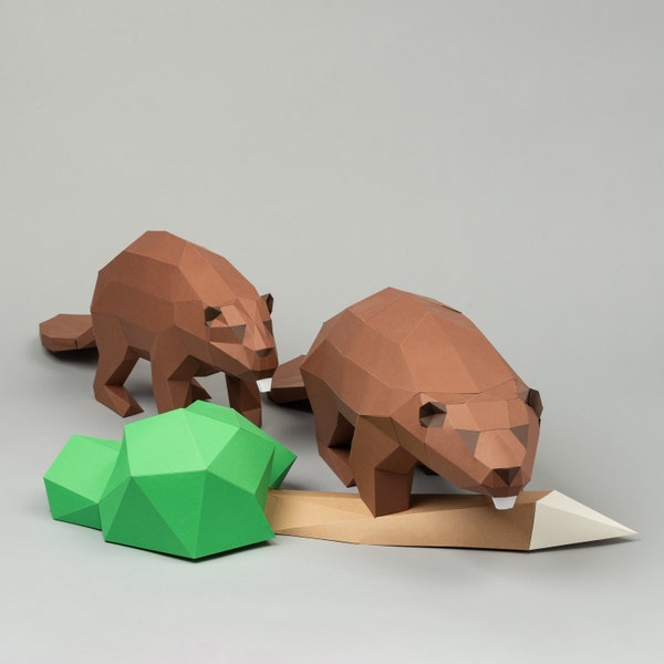 Beaver couple 3D papercraft. You get SVG and PDF digital file templates and instruction for these 2 DIY modern paper decorations.