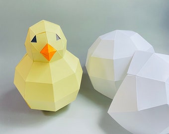 Chick 3d papercraft. You get a PDF digital file templates and instructions for DIY modern lowpoly paper sculpture.