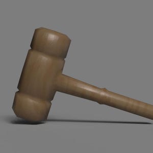 May include: A wooden gavel, featuring a cylindrical handle and a rectangular head. The gavel is a light brown color and appears to be made of a single piece of wood. The gavel is set against a gray background.