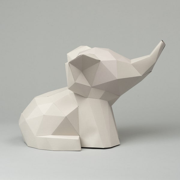 Baby elephant 3D papercraft. You get a SVG and PDF digital file templates and instruction for this DIY modern paper decoration.