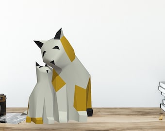 Snuggle Cats 3D Papercraft. You get PDF digital file templates and instructions for this DIY (do it yourself) modern paper sculpture.