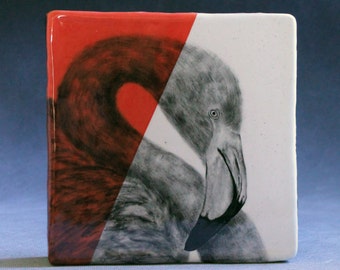 Hand Painted Flamingo Portrait Wall Tile Coral Red