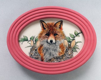 Hand Painted Red Fox and Rabbit Portrait Wall Tile