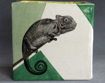 Hand Painted Chameleon Portrait Medium Pencil Box Vase Green Color Blocking