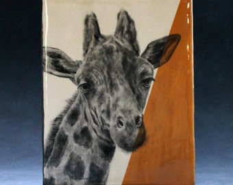 Hand Painted Giraffe Portrait Wall Tile Deep Yellow