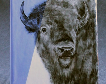 Hand Painted Bison Buffalo Portrait Wall Tile Baby Blue