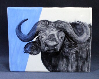 Hand Painted African Water Buffalo Portrait Wall Tile Baby Blue