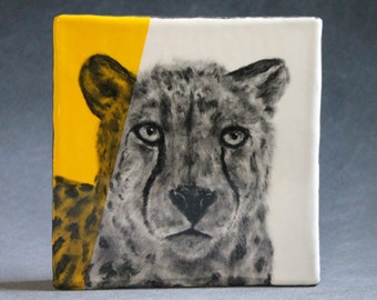 Hand Painted Cheetah Portrait Wall Tile Yellow