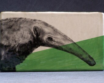 Hand Painted Giant Anteater Portrait Wall Tile Light Green