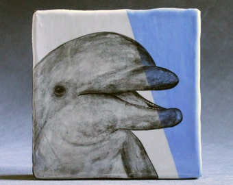 Hand Painted Bottlenose Dolphin Portrait Wall Tile Baby Blue