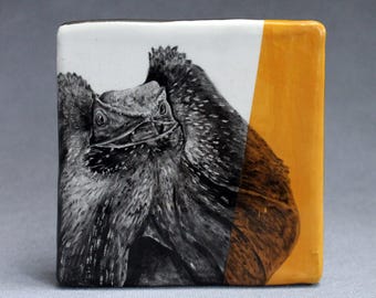 Hand Painted Frilled Lizard Portrait Wall Tile Deep Yellow