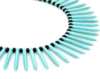 BLOWOUT SALE Blue Fringe Necklace Turquoise STATEMENT Goddess Gemstone Spike Tribal Rustic Boho Country Chic Flair by Mei Faith